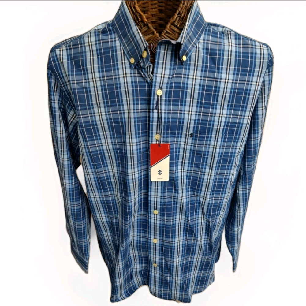 Izod M Cotton Durham Poplin Button Down L/S Shirt In Blue Revival Plaid NWT Read